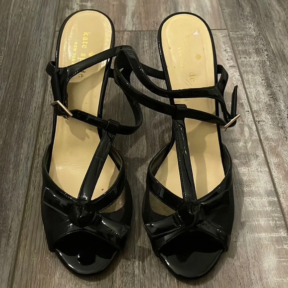 Kate Spade Black Mesh Patent T Strap Bow Heels 7.5 - Picture 1 of 6